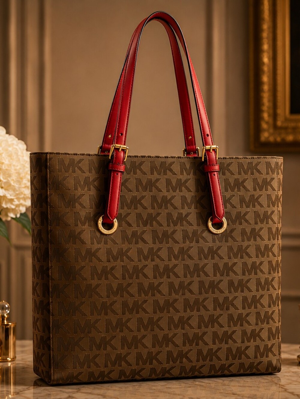 Michael Kors Brown Monogram Tote with Red Handles